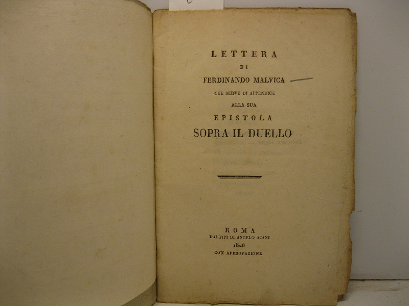 Lettera di Ferdinando Malvica che serve di appendice alla sua epistola sopra il duello